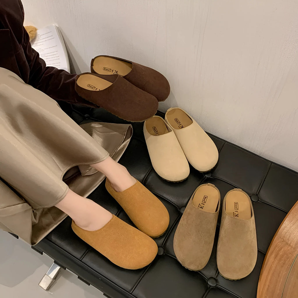Korean style slip-on slippers in apricot colour with flat soft sole and microfiber upper
