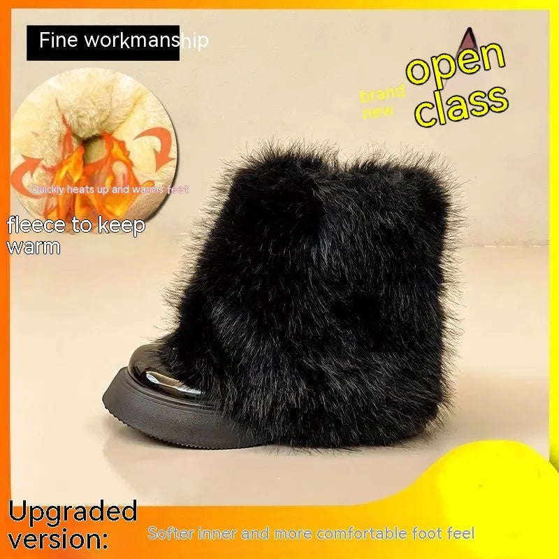 Women's black fleece-lined snow boots with waterproof rubber sole and round toe design