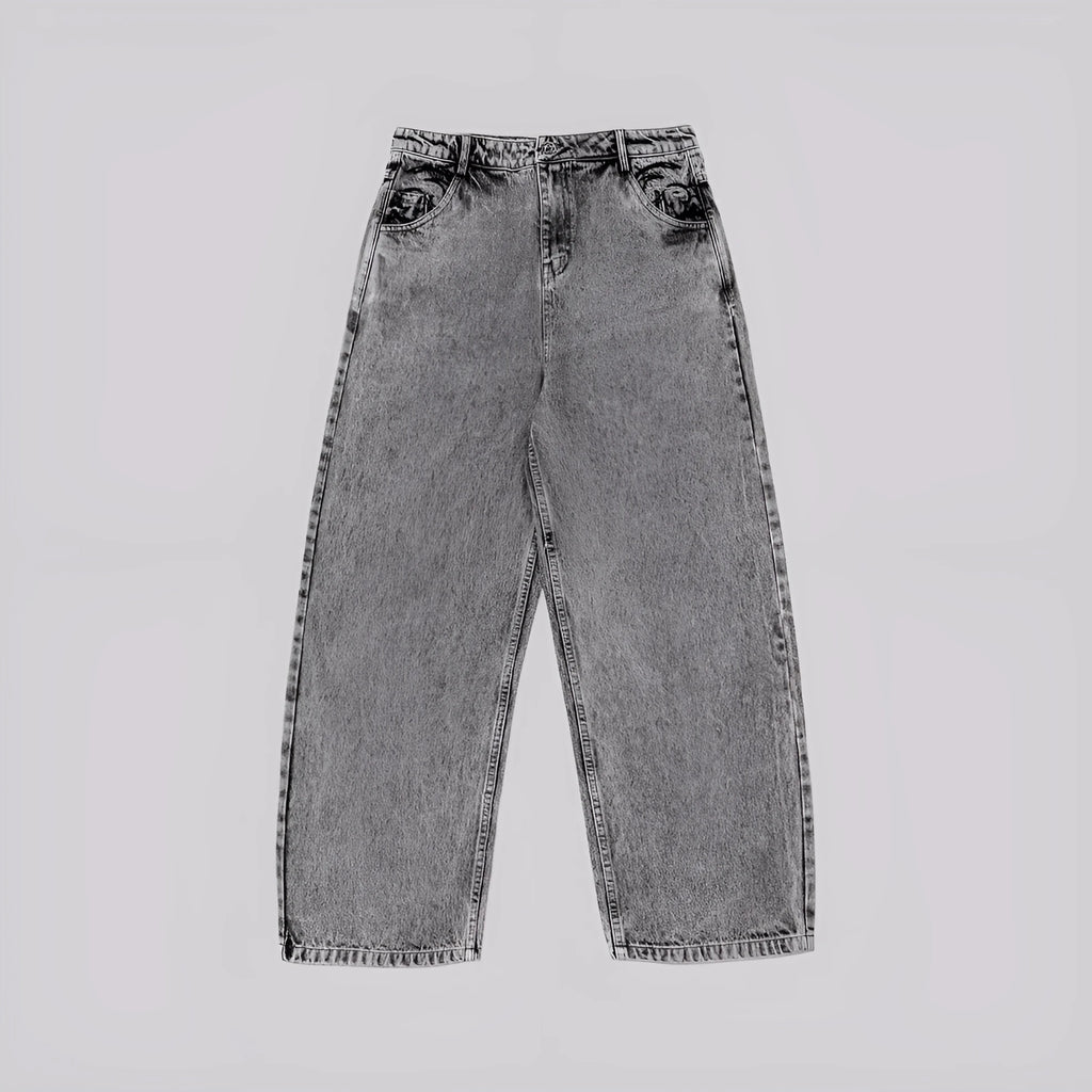 Grey loose-fit straight-leg cotton denim trousers on a mid-waist mannequin
