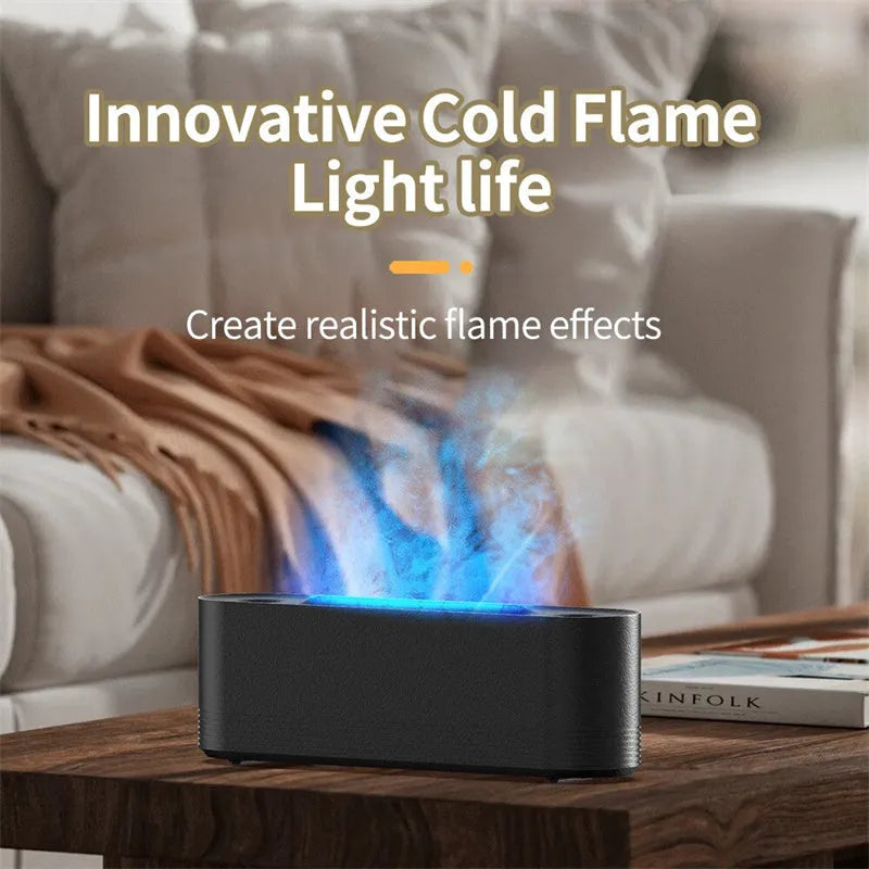 Black Flame Air ultrasonic humidifier and essential oil diffuser with coloured LED lights on a desk.