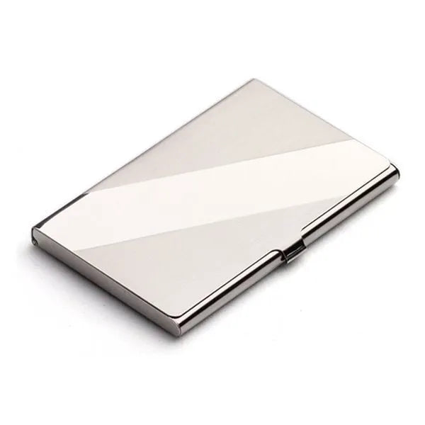 Geometric stainless steel business card case with brushed and mirrored finishes.