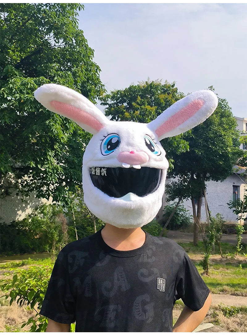 White rabbit head helmet cover with long ears made from plush PP cotton material