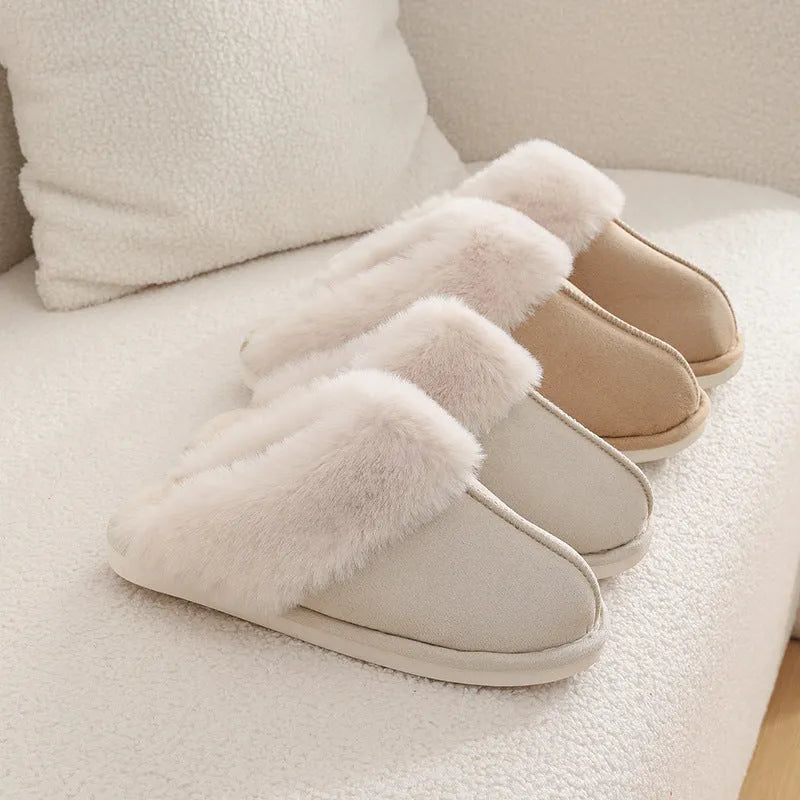 Women's winter plush indoor slippers in brown with anti-slip PVC sole and artificial wool insole