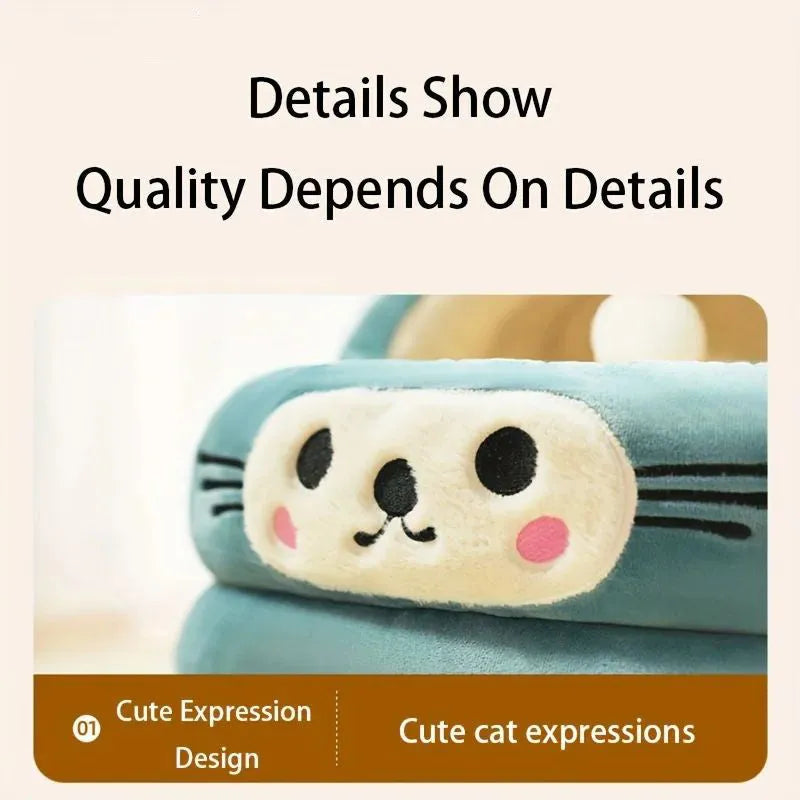 Semi-enclosed cat bed with cat ear design, thickened warm pet nest in brown, green, or yellow, sizes L M S