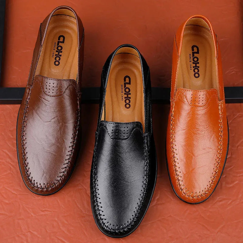 Men's round-toe casual leather shoes in cowhide with a flat rubber sole