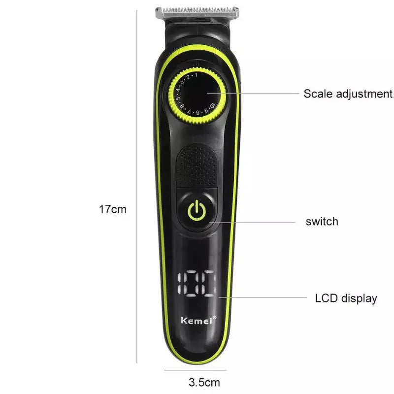 Black KM-696 rechargeable electric hair clipper kit with stainless steel blades on a stand