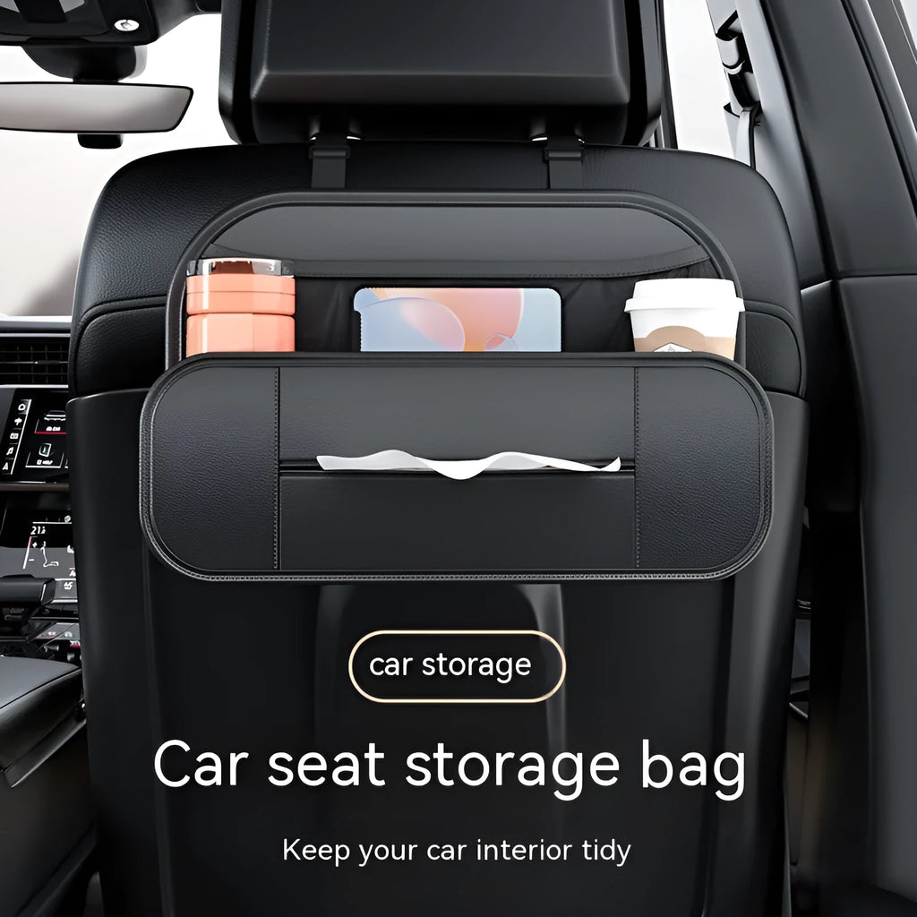 Black leather car seat rear storage bag with adjustable straps showing 36cm organisable space