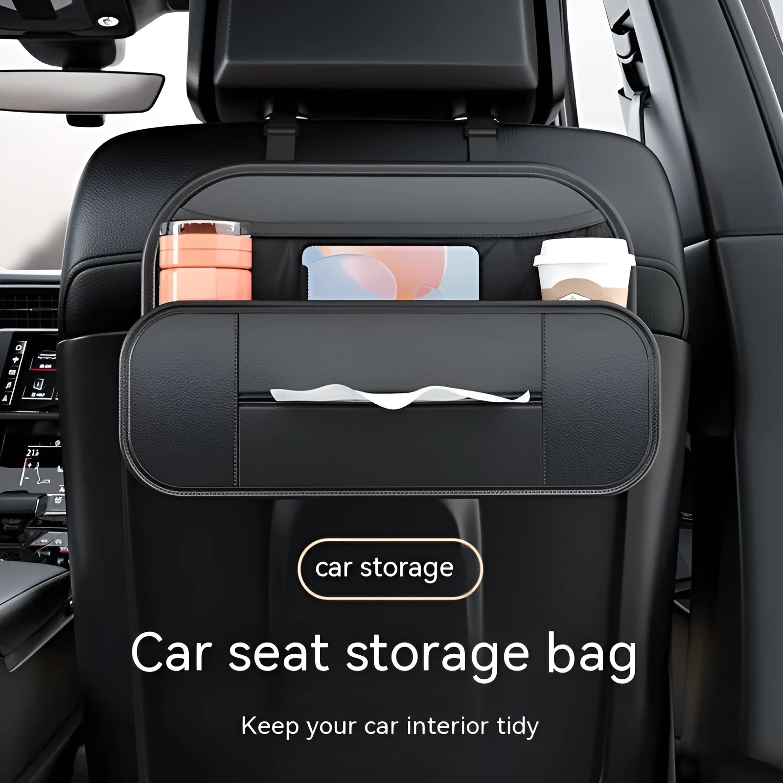 Black leather car seat rear storage bag with adjustable straps showing 36cm organisable space