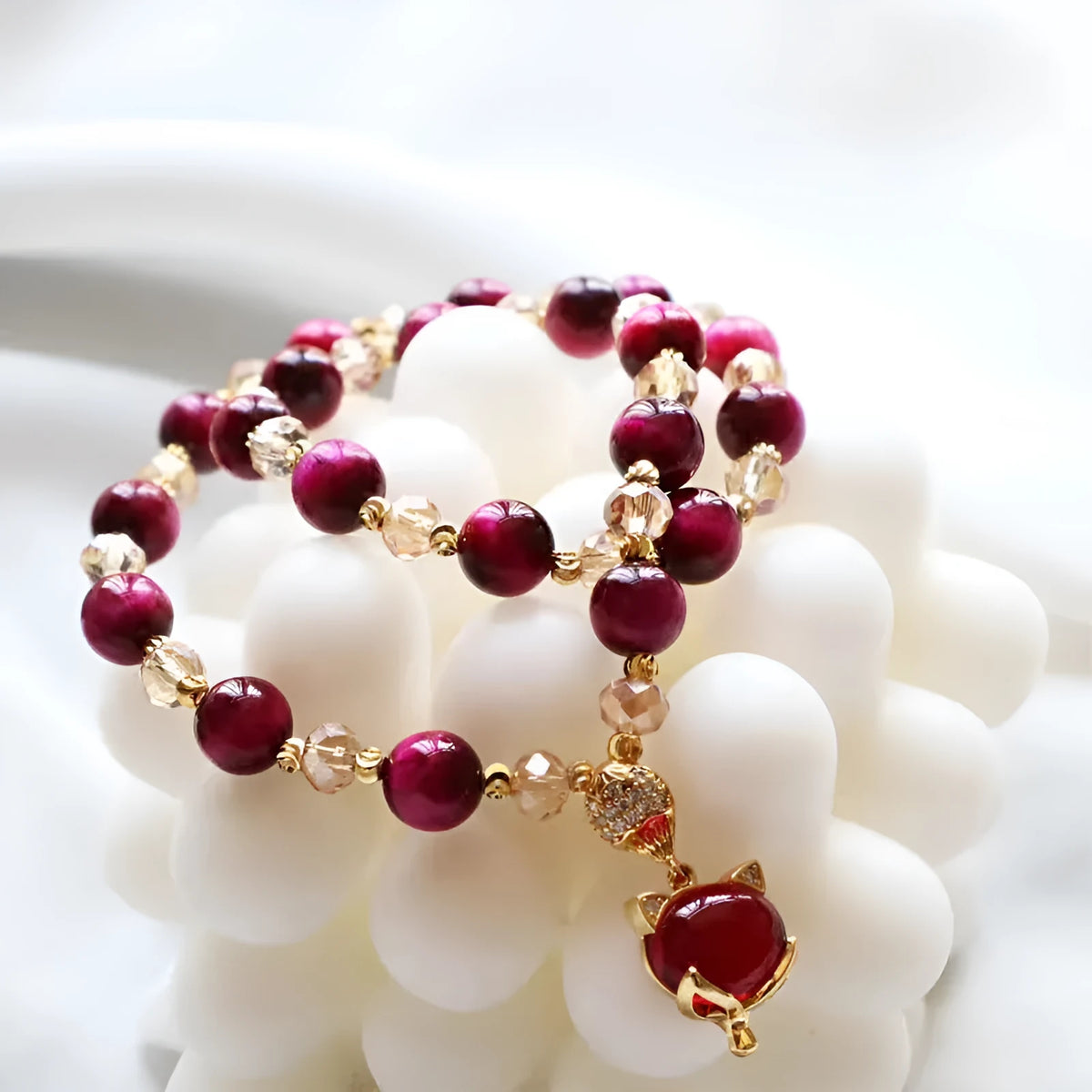 Handmade Tigereye Vanves stone crystal bracelet with leather detailing in rose red or green fox colours