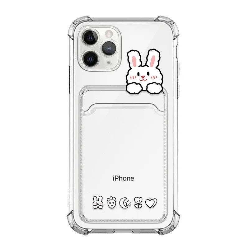 Cartoon design transparent iPhone case with a card slot on the back, compatible with multiple iPhone models.