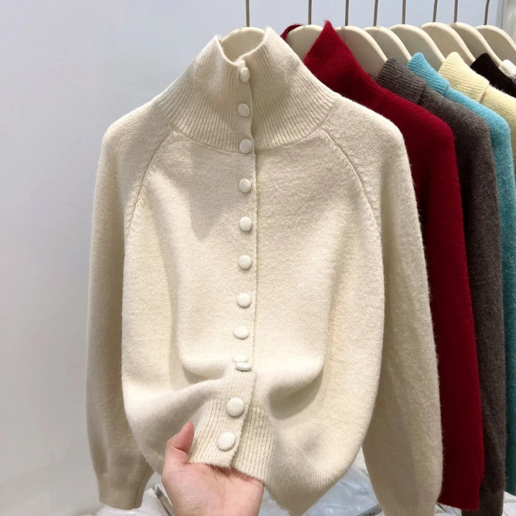 Women's turtleneck cardigan, loose thick polyester knit sweater with button front, in red yellow gray apricot blue black