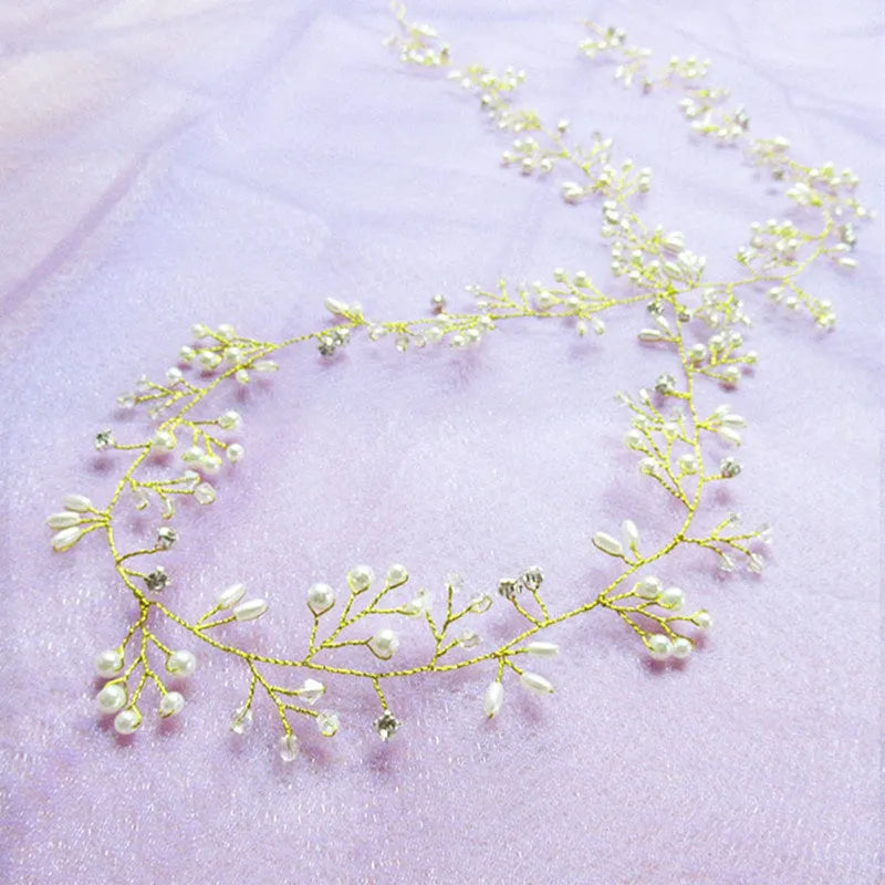 Silver gold rose gold crystal pearl wedding hair band with copper wire construction in three lengths