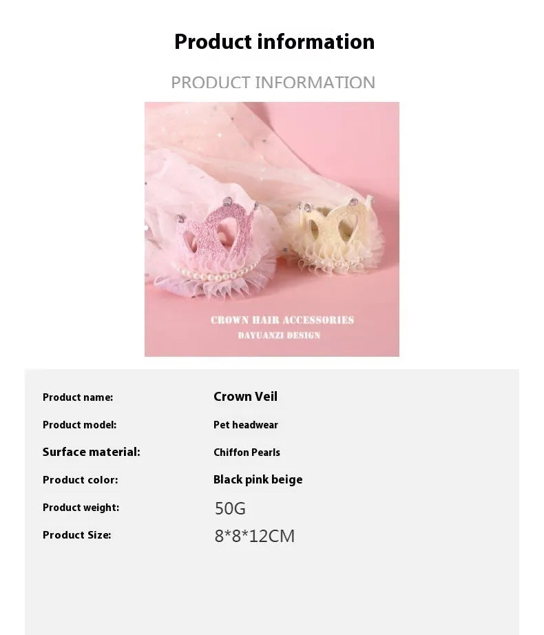 Pet cat wearing princess crown headdress with crown veil in beige colour option