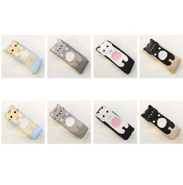 Cat cartoon canvas pencil case, square zipper pouch, 20x8cm, in blue beige grey or black