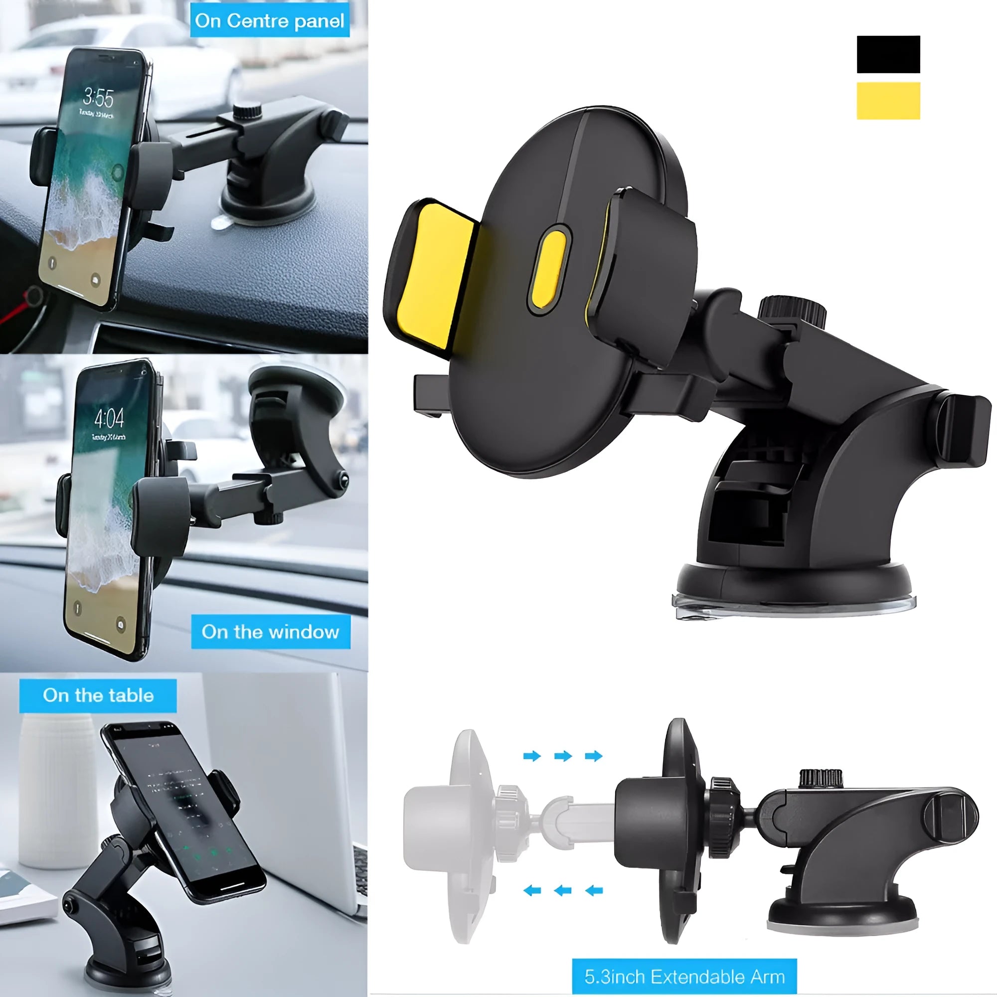 Yellow and black telescopic car phone holder with suction cup mount extended on dashboard