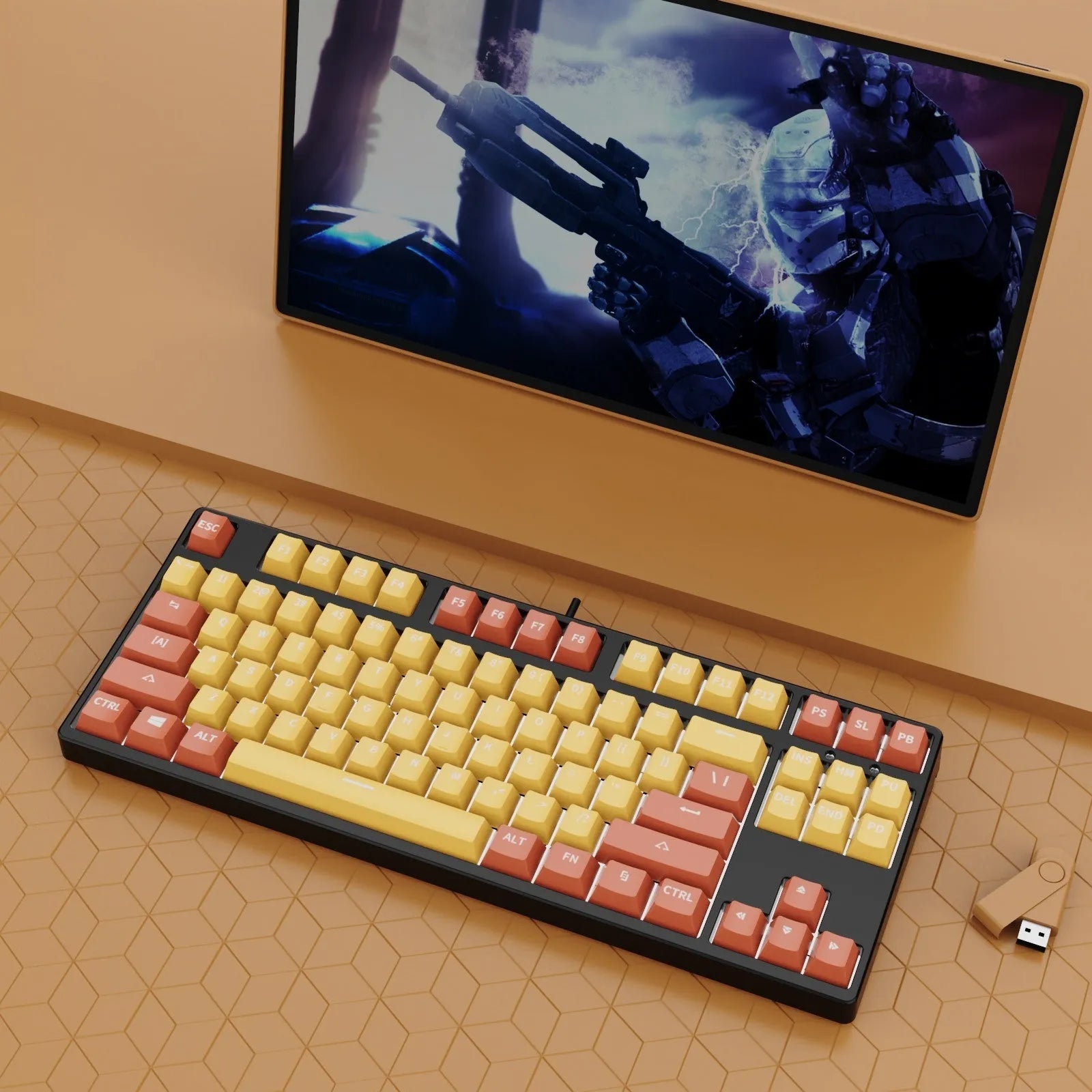 87-key wired mechanical keyboard with two-tone keycaps in orange and yellow colour combination