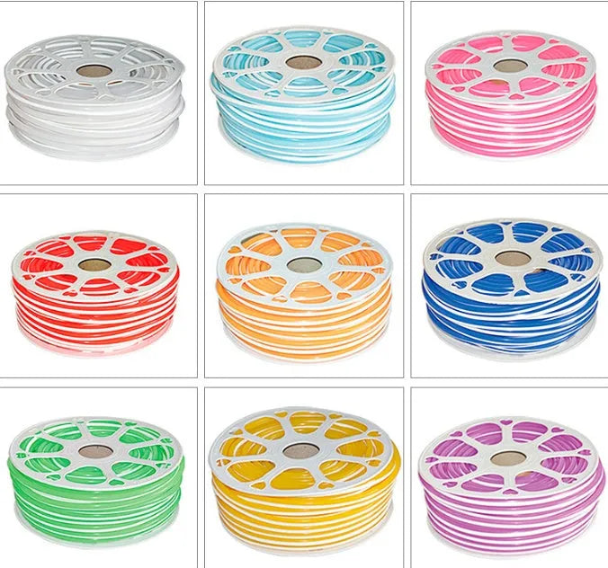 A roll of flexible blue silicone LED neon light bar, showing its 8mm width and coiled 50m length.