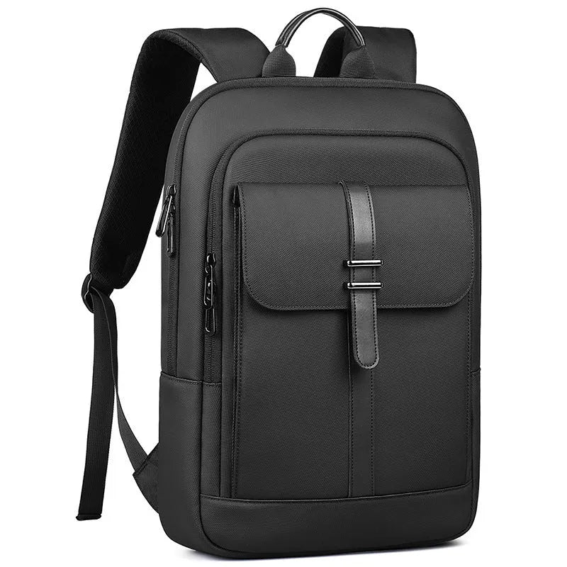 Black lightweight Oxford cloth backpack with sewing line detail for daily commute and urban use