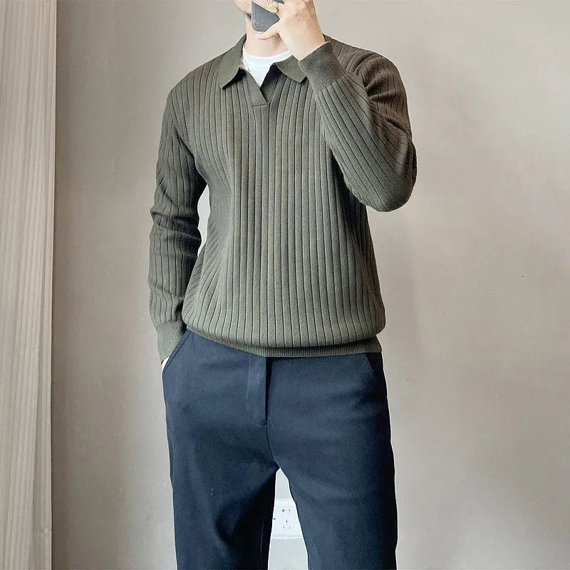 Boys' striped loose knit sweater with a lapel collar in multiple colour options
