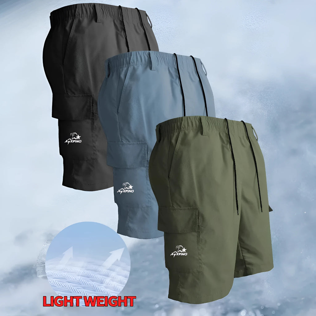 Loose straight casual shorts in polyester fiber featuring micro elasticity and sports style design in black blue green or khaki