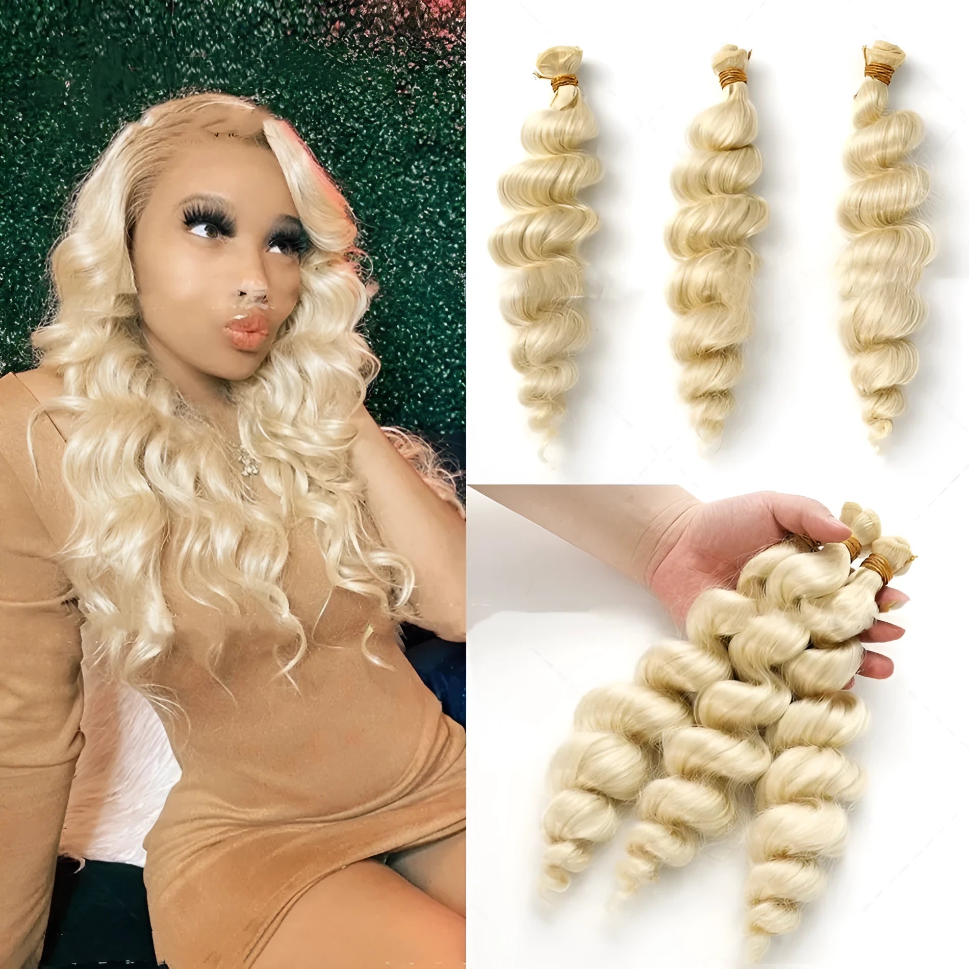 Golden synthetic hair weft wig for women shown in 18, 20 and 22 inch lengths