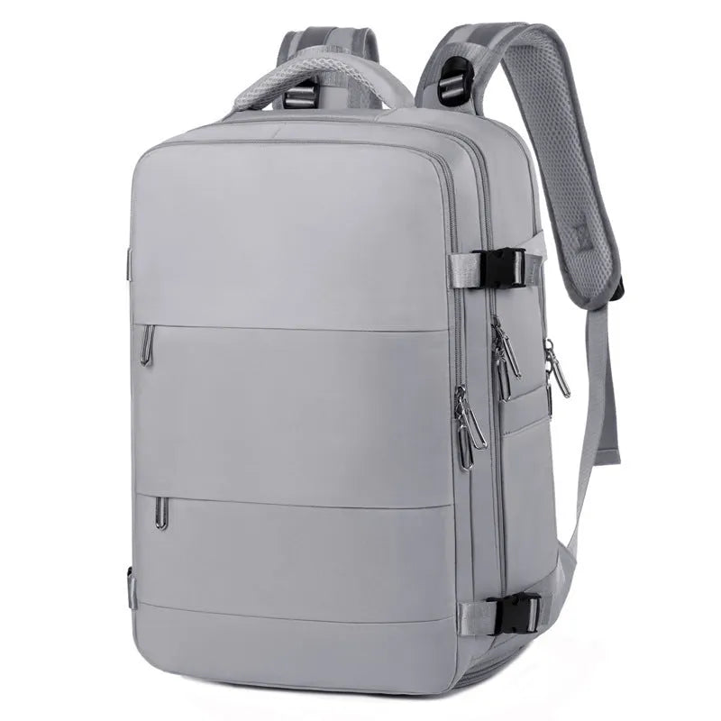 Large capacity travel backpack in purple with multiple compartments and air pillow belt system