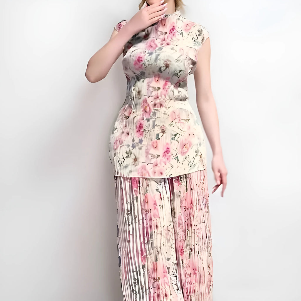 Long sleeve printed chiffon two-piece dress set with high-waist skirt on a model.