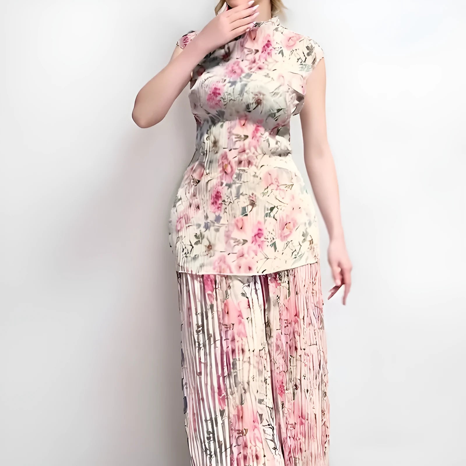 Long sleeve printed chiffon two-piece dress set with high-waist skirt on a model.
