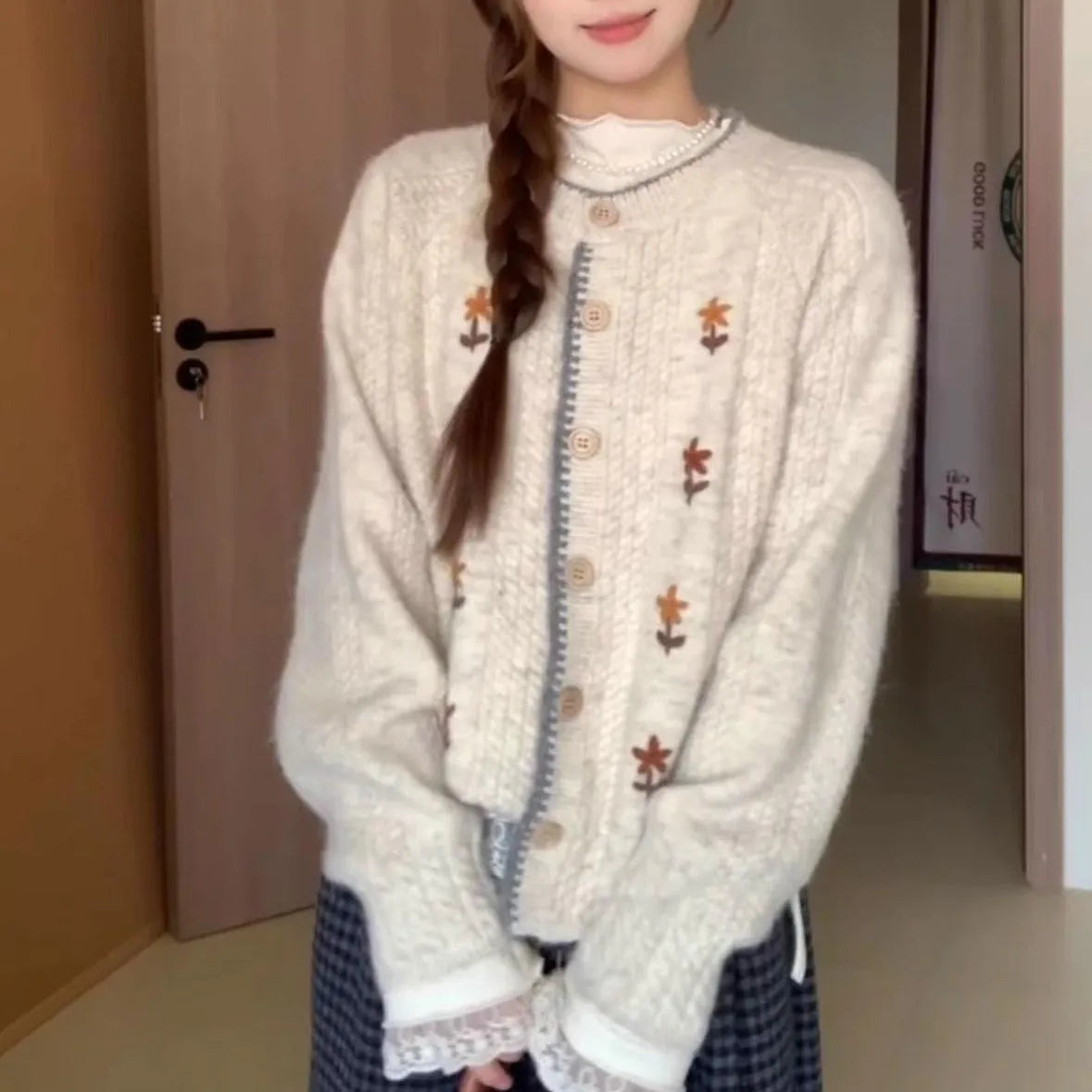 Japanese style round neck flower knitted cardigan for women in oatmeal colour with long sleeves and button front