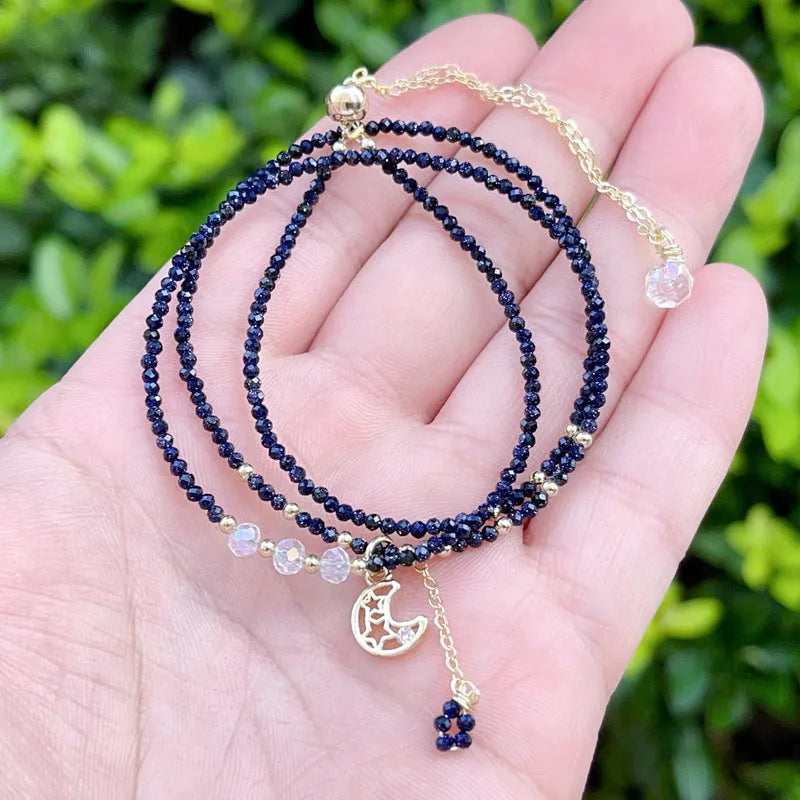 Blue san stone three-ring multi-layer bracelet for women with interlocking design