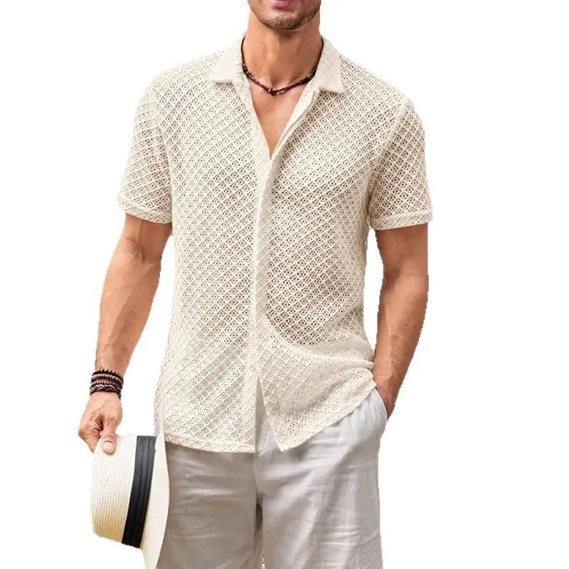 Men's short sleeve lapel shirt in mesh cotton blend fabric available in beige, black, and white