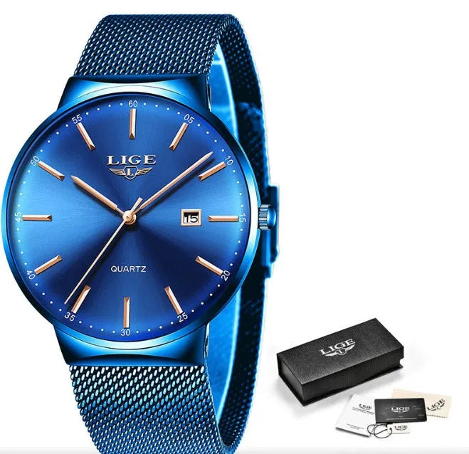 Men's stainless steel wristwatch with 40mm dial in black, blue, or two-tone colour options.