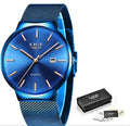 Men's stainless steel wristwatch with 40mm dial in black, blue, or two-tone colour options.
