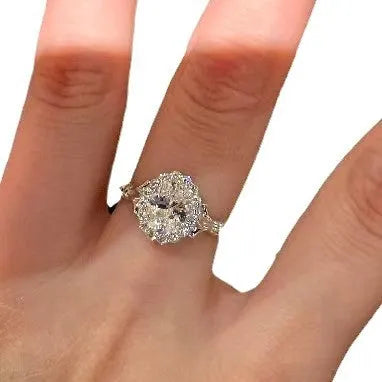 Silver geometric ring with bridal bouquet diamond and adjustable opening for women's index finger
