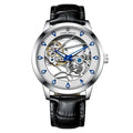 Men's silver mechanical watch with white dial, blue luminous hands, black leather strap, and waterproof construction