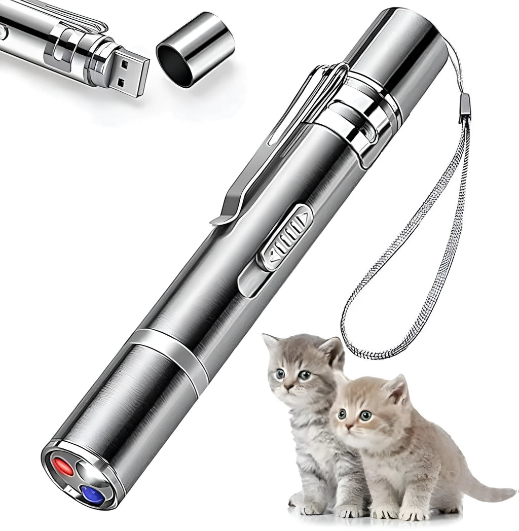 Silver aluminium cat toy pointer wand showing projection patterns including red dot, mice and butterfly