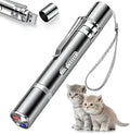Silver aluminium cat toy pointer wand showing projection patterns including red dot, mice and butterfly
