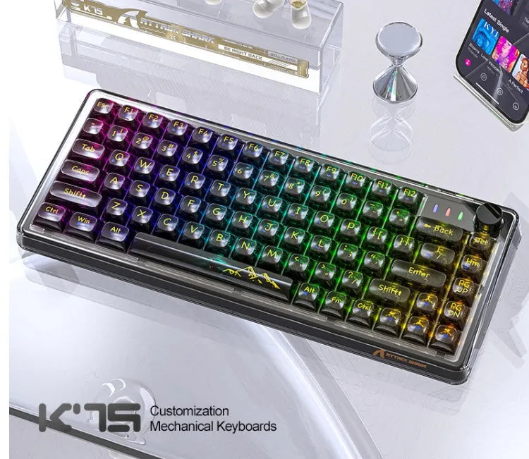 Attack Shark K75 RGB wireless mechanical keyboard with transparent PC case showing internal lighting