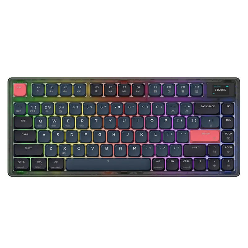 Ajazz AK832PRO green and tea coloured three-mode mechanical keyboard with RGB lighting on a desk.
