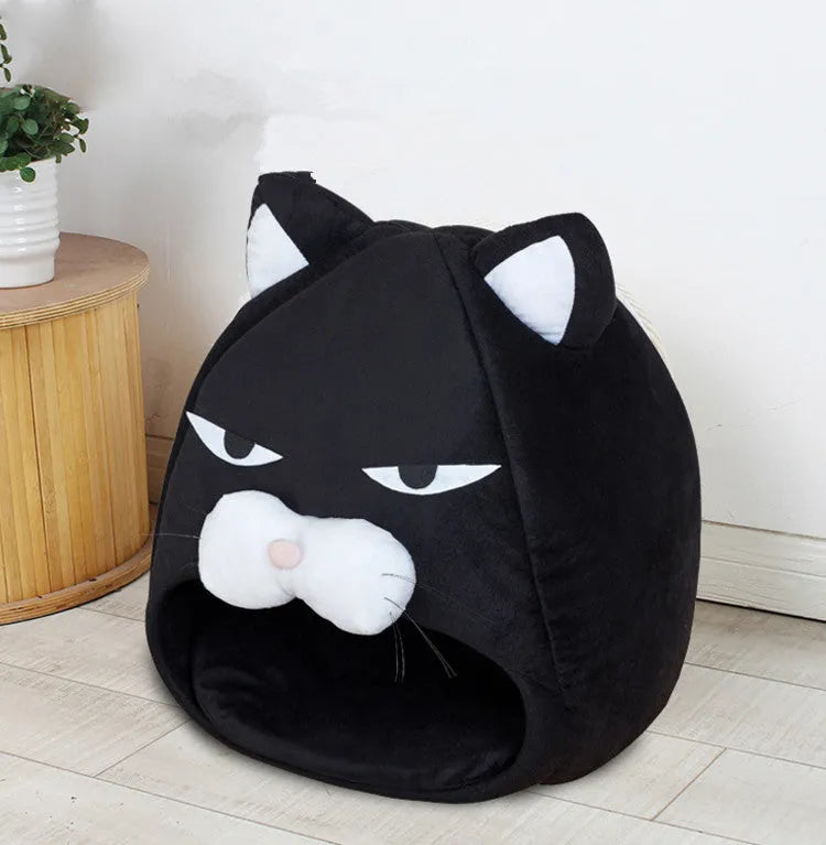 Black cube cat house bed in plush and waterproof nylon, 48cm or 38cm, removable and hand washable