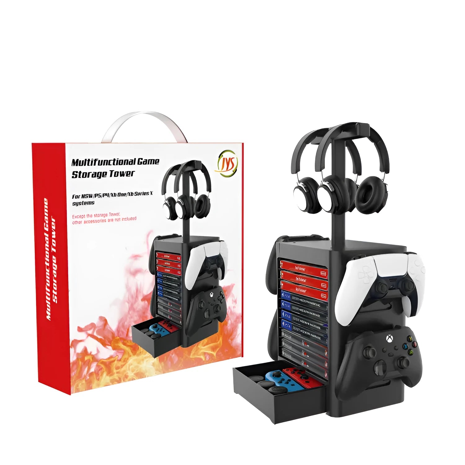 Black universal game console storage rack with headphone stand and drawer for controllers and games