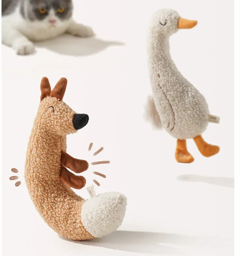 Plush fox and duckling dog toys with tug rope and squeaker in teddy velvet fabric