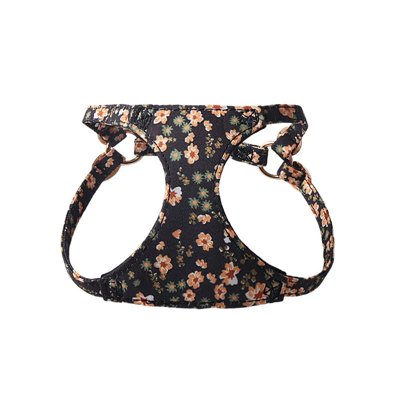 Floral pattern cloth dog harness and leash set for small to medium dogs