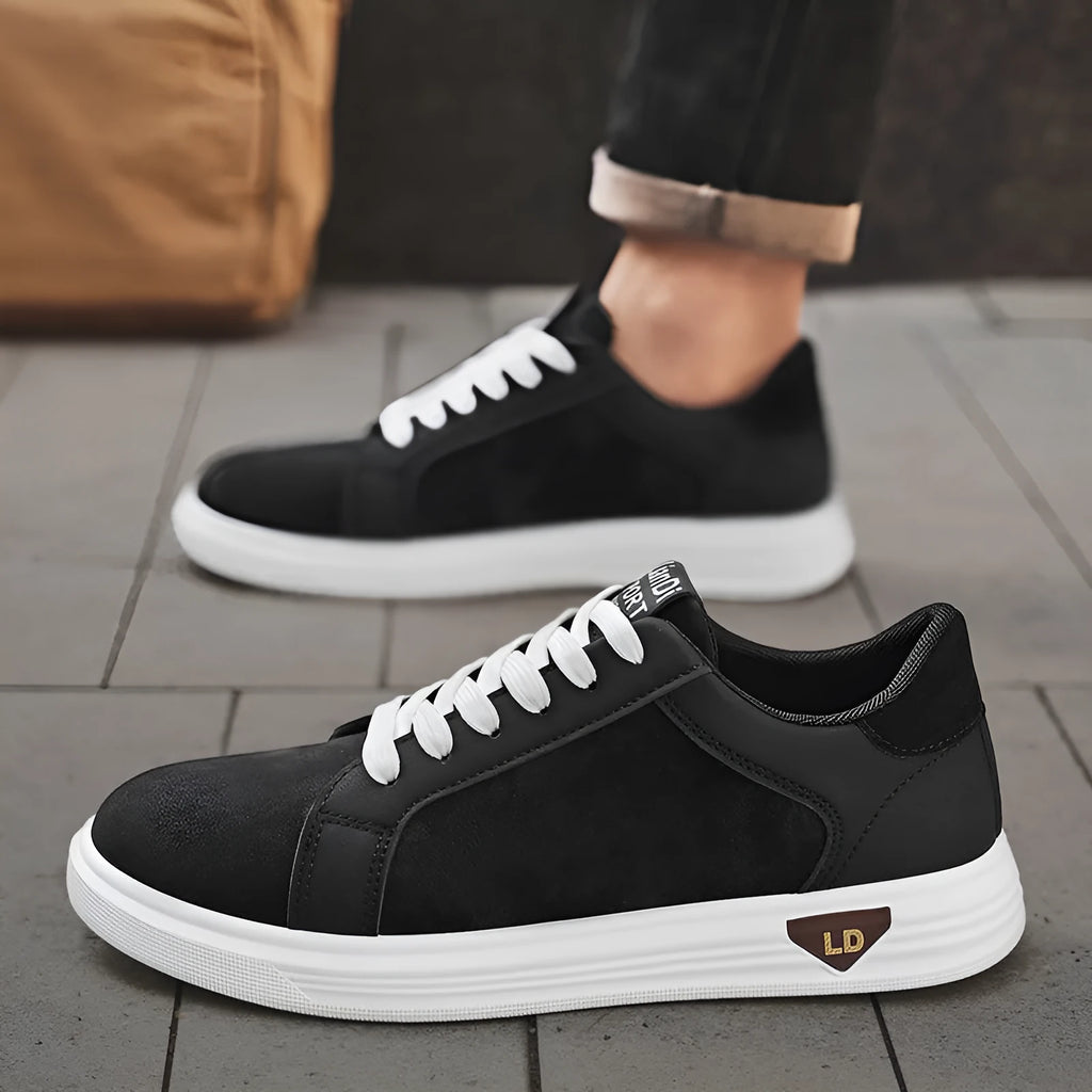 Men's black PU leather casual sneakers with snake pattern detailing and round toe design