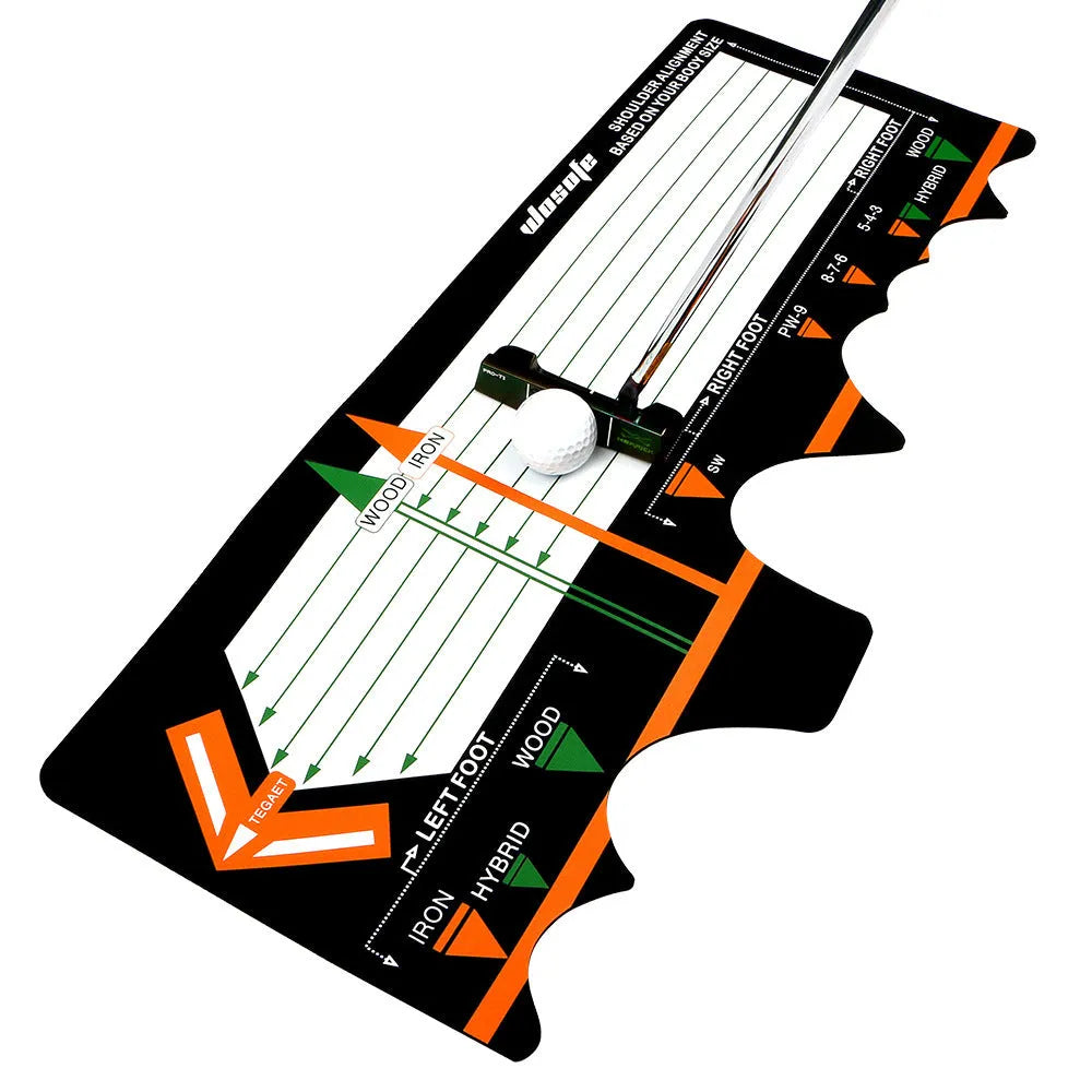 Black neoprene golf swing posture alignment mat for beginners.
