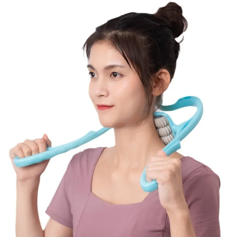 Blue handheld electric massager with six rotating wheels for shoulder neck and waist