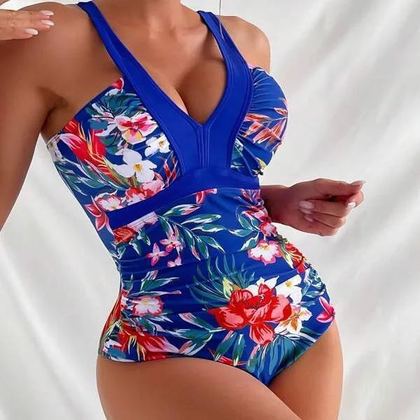 Women's floral one-piece swimsuit in backless design with high elasticity for swimming