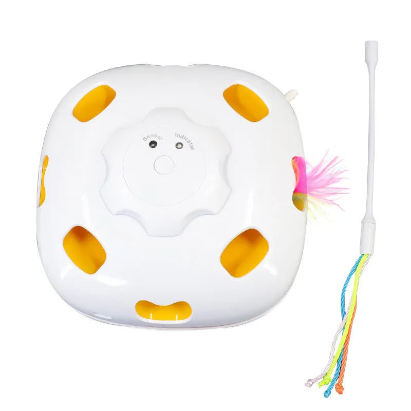 Plastic self-play cat toy with interactive mechanism measuring 19.8x11.5x19.5cm