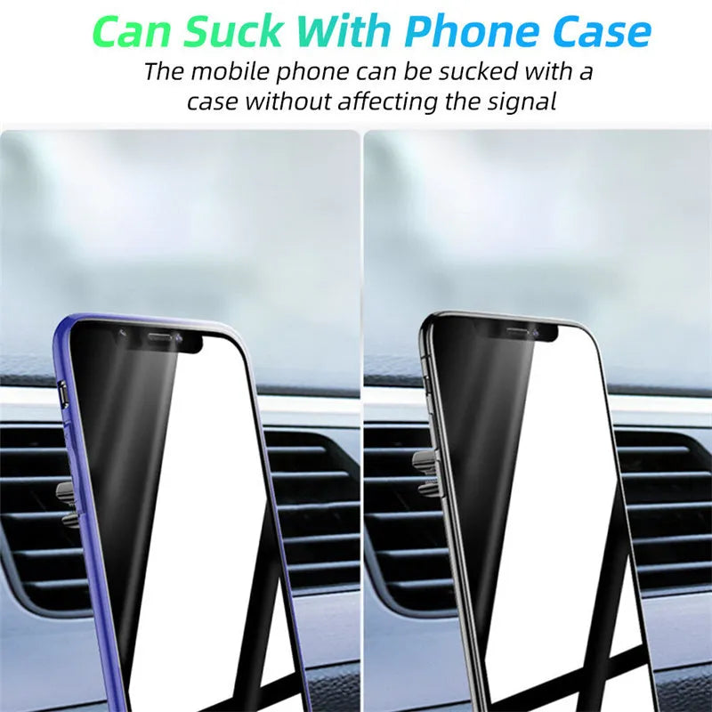 Black magnetic car phone holder attached to a car air vent, holding a smartphone at an angle.