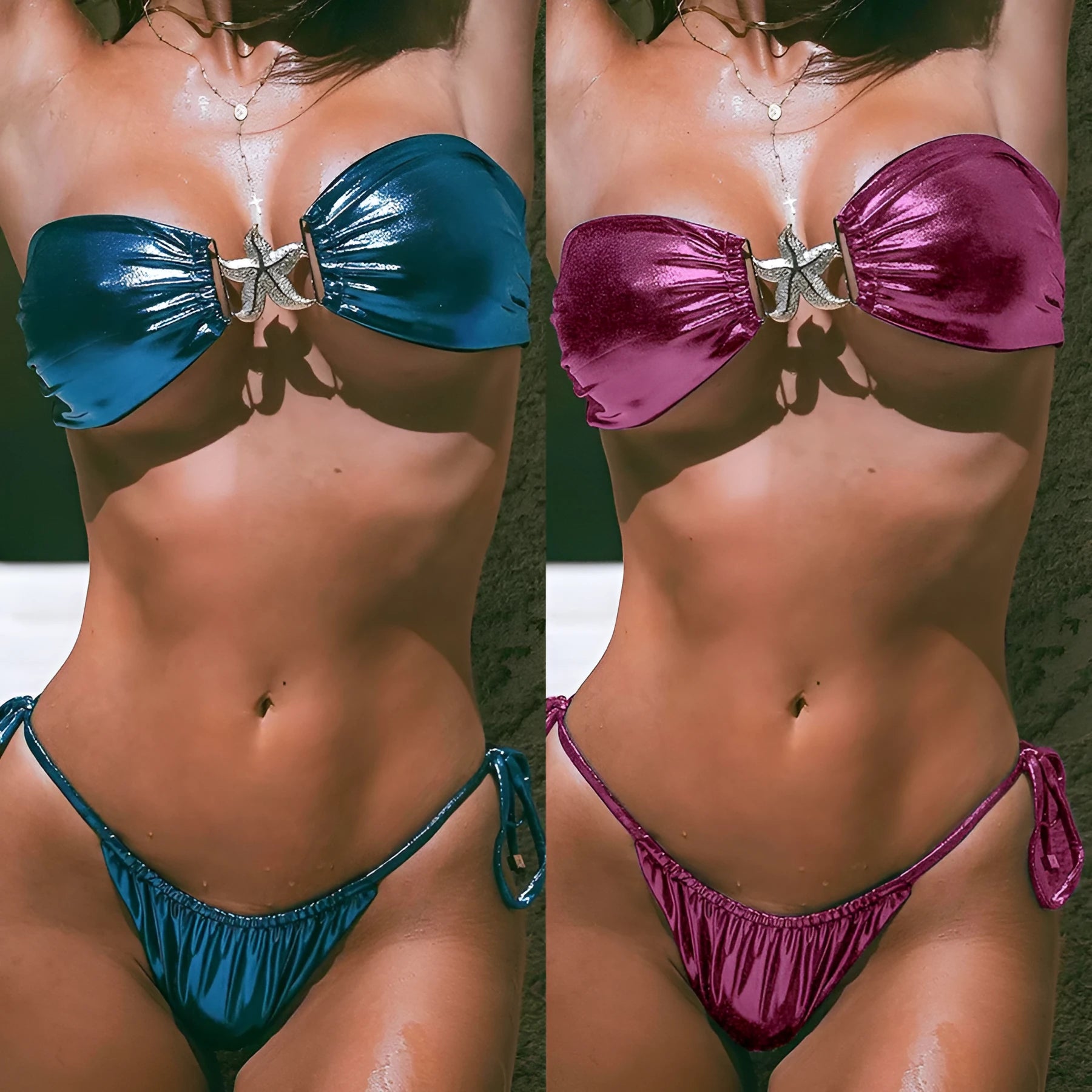 Glossy blue women's tube top bikini with gold starfish print on a beach.